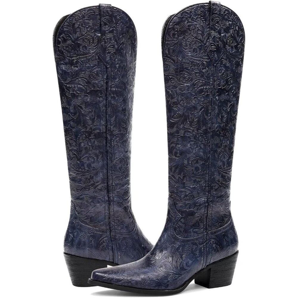 Women's Blue Knee High Western Pointed Toe Comfortable Chunky Heel Boots - Picture 5 of 6